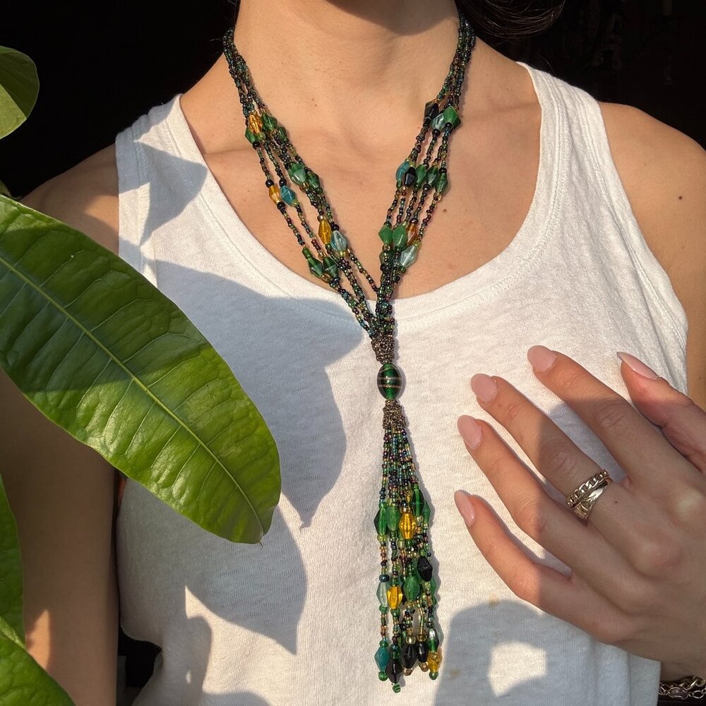 Artisan Hand-Strung Multi-Strand Glass Bead Tassel Necklace - 70g